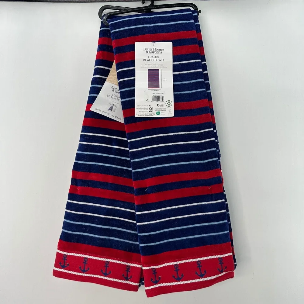 BHG 2PC Navy Clarence Stripe Anchor Beach Towels 6x3 Oversized Soft Vacation red